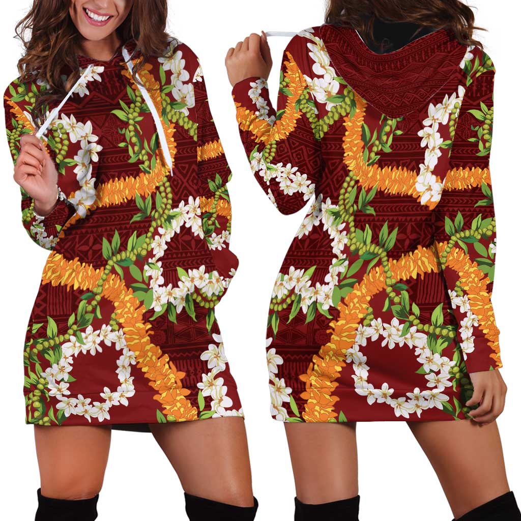Aloha Festive Hawaii Hoodie Dress Mokihana - Maile and Ilima on Crimson LT7 - Polynesian Pride