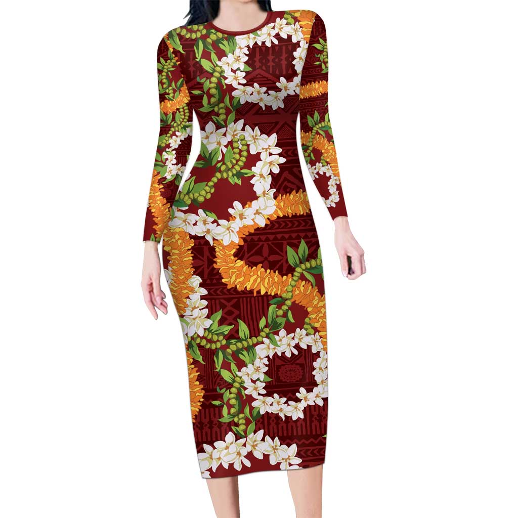 Aloha Festive Hawaii Long Sleeve Bodycon Dress Mokihana - Maile and Ilima on Crimson LT7 Long Dress Crimson - Polynesian Pride