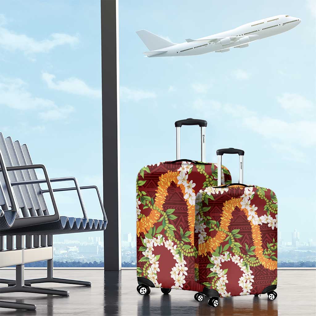Aloha Festive Hawaii Luggage Cover Mokihana - Maile and Ilima on Crimson - Polynesian Pride