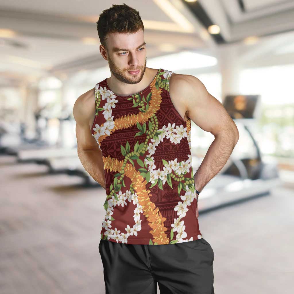 Aloha Festive Hawaii Men Tank Top Mokihana - Maile and Ilima on Crimson LT7 Crimson - Polynesian Pride