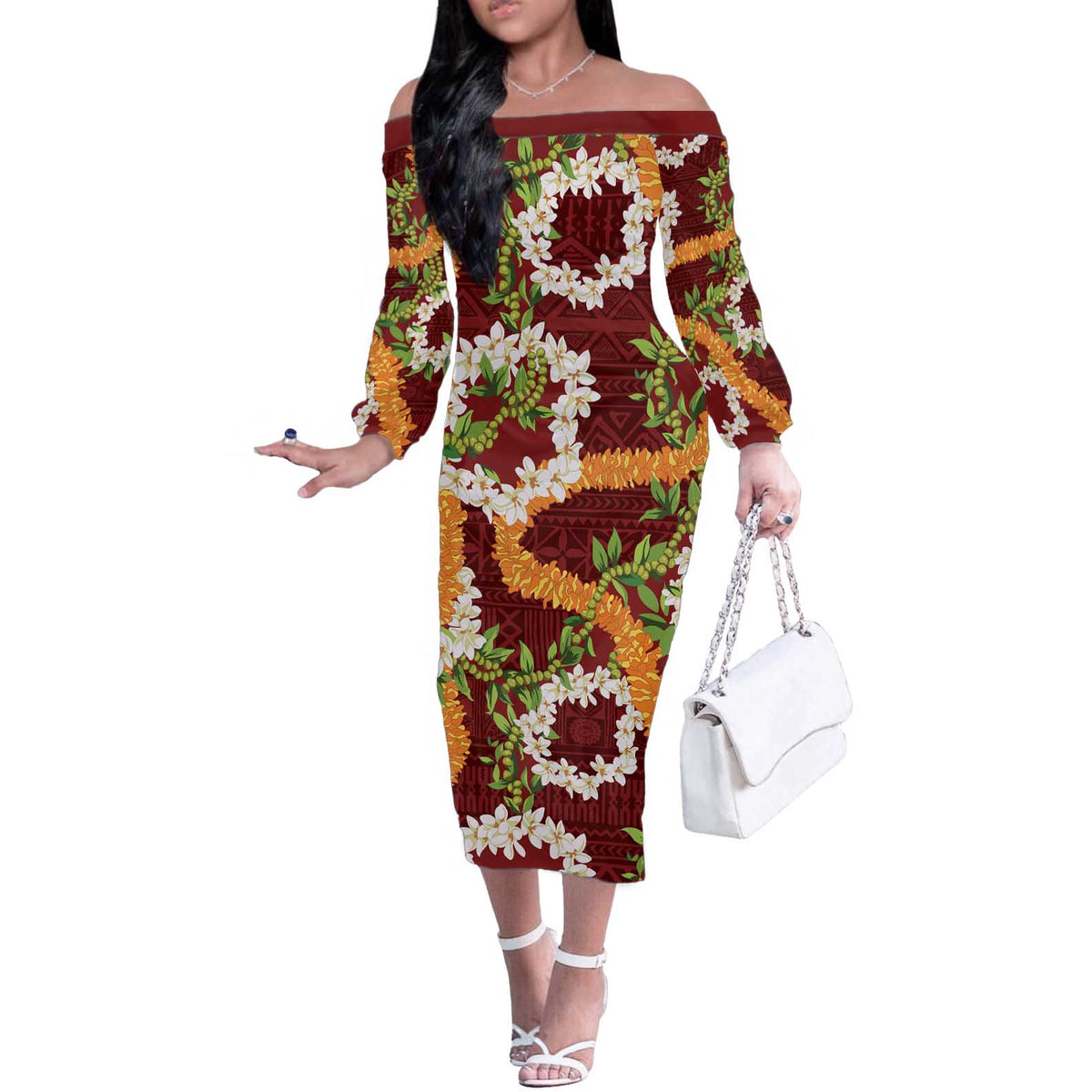 Aloha Festive Hawaii Off The Shoulder Long Sleeve Dress Mokihana - Maile and Ilima on Crimson LT7 Women Crimson - Polynesian Pride