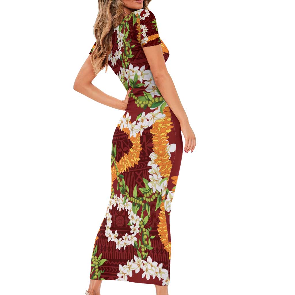 Aloha Festive Hawaii Short Sleeve Bodycon Dress Mokihana - Maile and Ilima on Crimson LT7 - Polynesian Pride