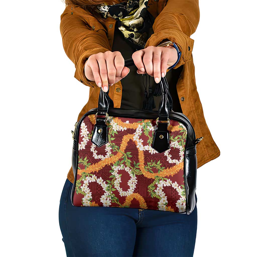 Aloha Festive Hawaii Shoulder Handbag Mokihana - Maile and Ilima on Crimson - Polynesian Pride