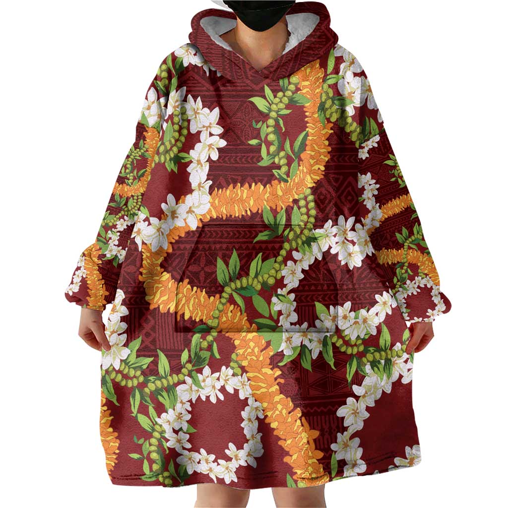 Aloha Festive Hawaii Wearable Blanket Hoodie Mokihana - Maile and Ilima on Crimson LT7 - Polynesian Pride