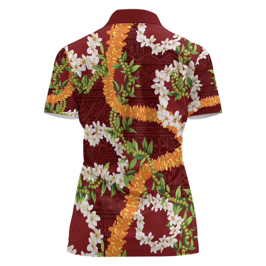 Aloha Festive Hawaii Women Polo Shirt Mokihana - Maile and Ilima on Crimson - Polynesian Pride