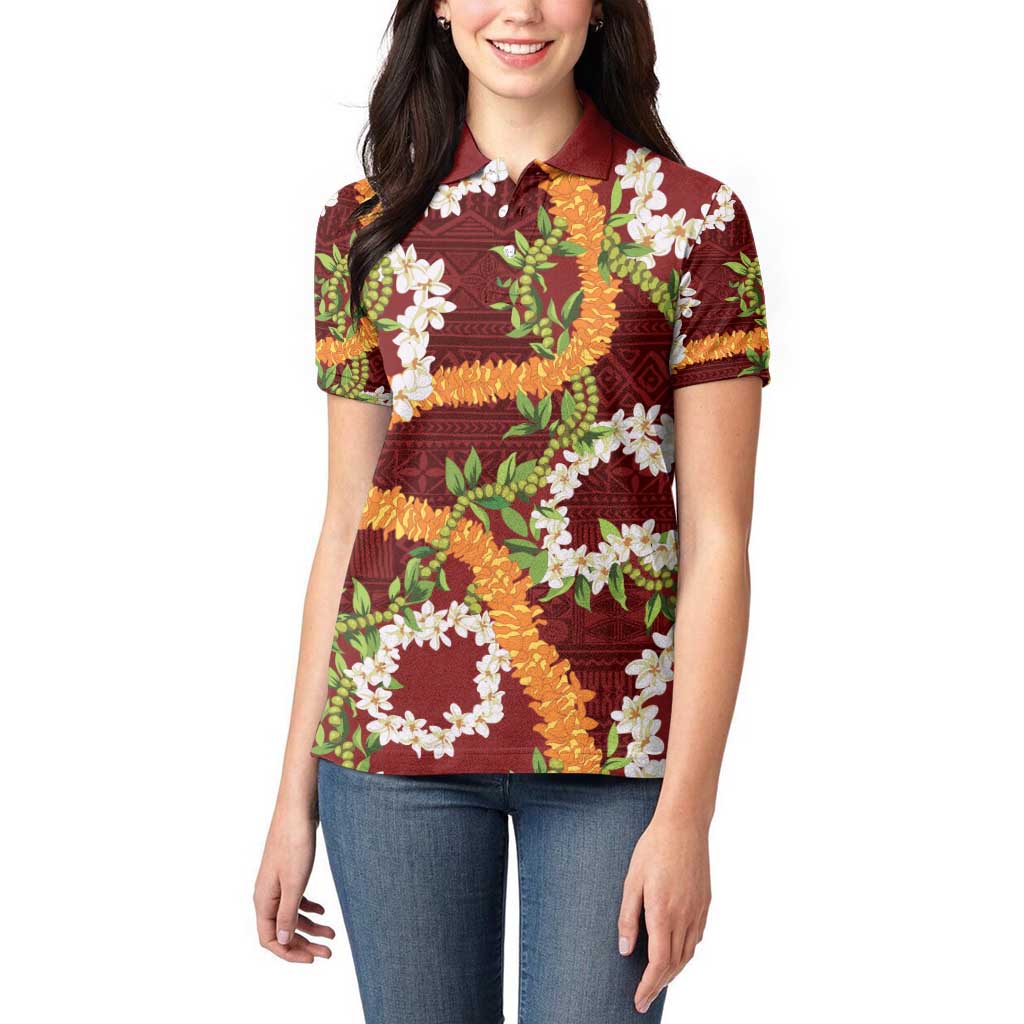 Aloha Festive Hawaii Women Polo Shirt Mokihana - Maile and Ilima on Crimson - Polynesian Pride