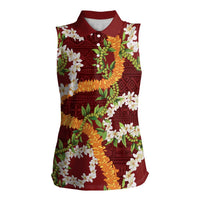 Aloha Festive Hawaii Women Sleeveless Polo Shirt Mokihana - Maile and Ilima on Crimson LT7 Female Crimson - Polynesian Pride