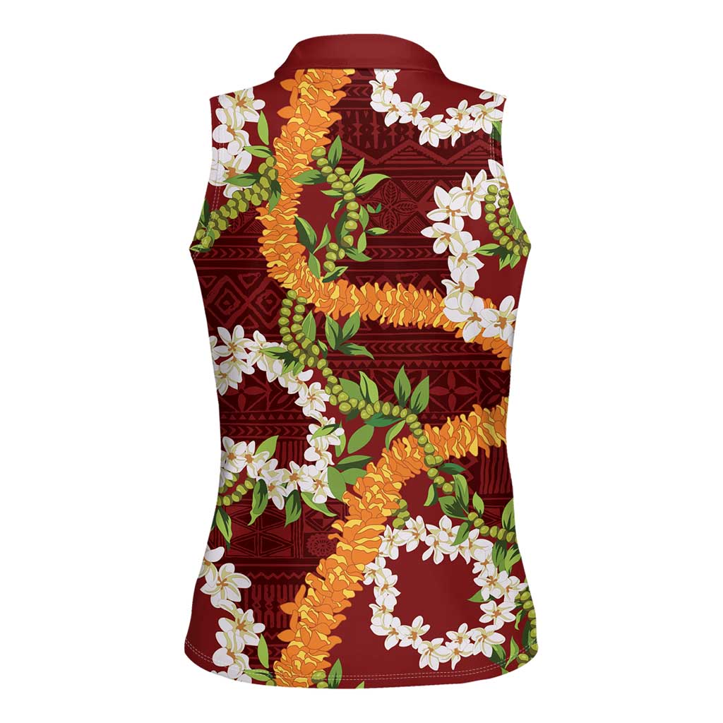 Aloha Festive Hawaii Women Sleeveless Polo Shirt Mokihana - Maile and Ilima on Crimson LT7 - Polynesian Pride