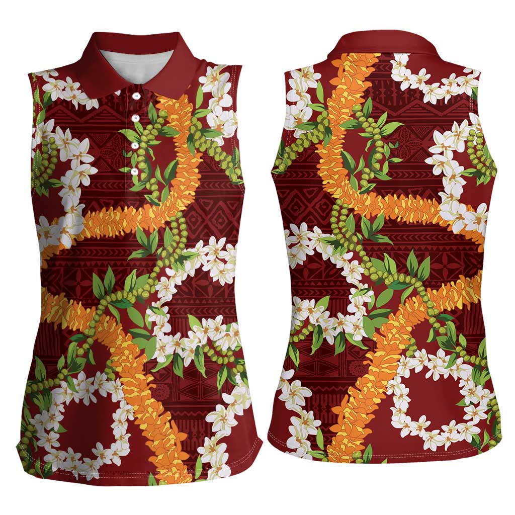 Aloha Festive Hawaii Women Sleeveless Polo Shirt Mokihana - Maile and Ilima on Crimson LT7 - Polynesian Pride