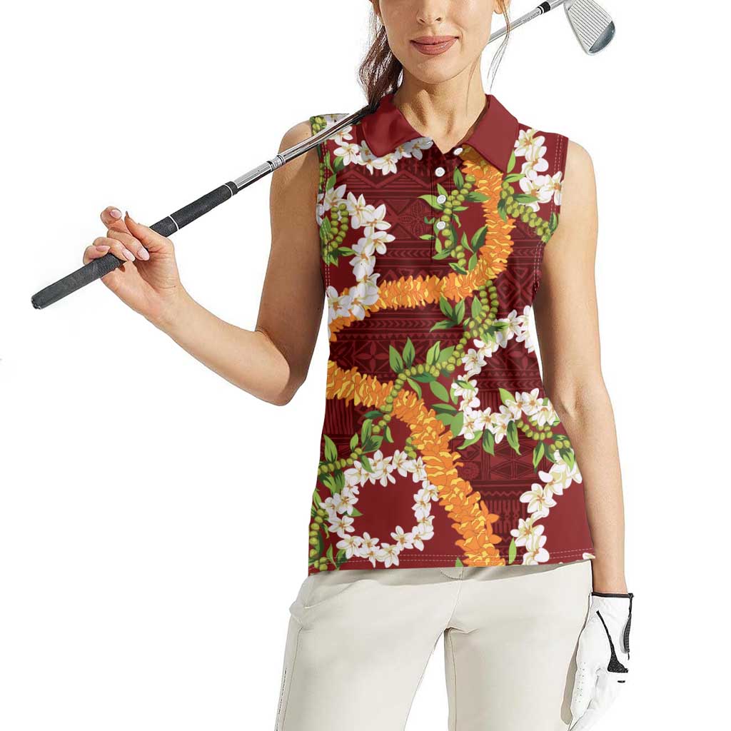 Aloha Festive Hawaii Women Sleeveless Polo Shirt Mokihana - Maile and Ilima on Crimson LT7 - Polynesian Pride