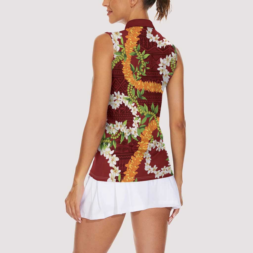 Aloha Festive Hawaii Women Sleeveless Polo Shirt Mokihana - Maile and Ilima on Crimson LT7 - Polynesian Pride