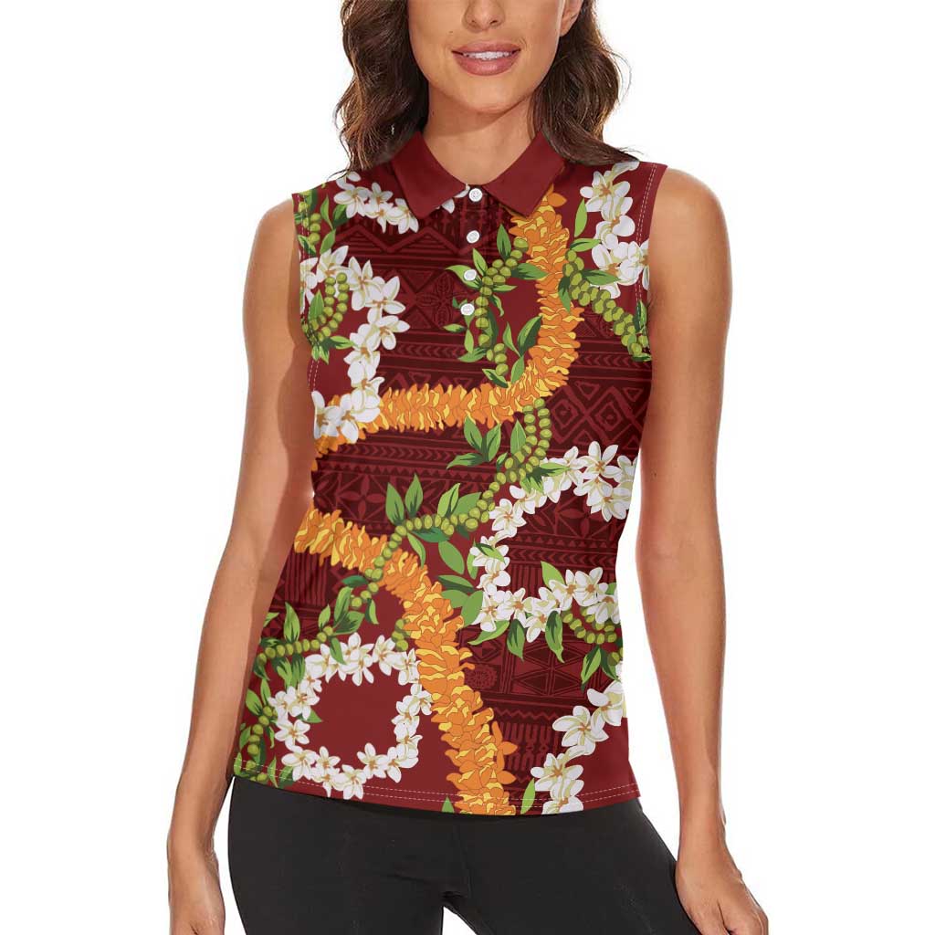 Aloha Festive Hawaii Women Sleeveless Polo Shirt Mokihana - Maile and Ilima on Crimson LT7 - Polynesian Pride