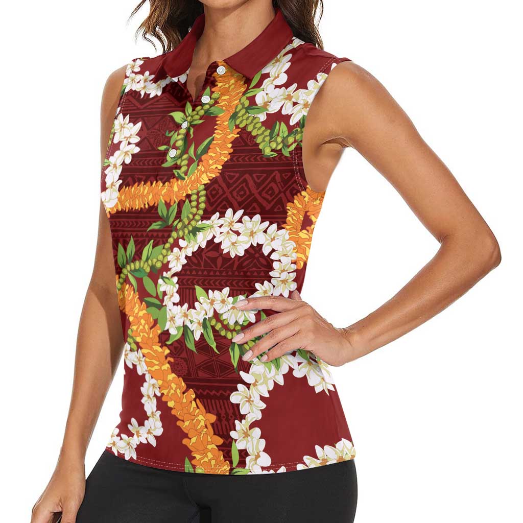 Aloha Festive Hawaii Women Sleeveless Polo Shirt Mokihana - Maile and Ilima on Crimson LT7 - Polynesian Pride
