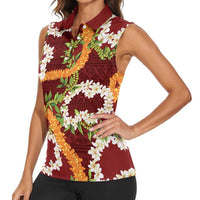 Aloha Festive Hawaii Women Sleeveless Polo Shirt Mokihana - Maile and Ilima on Crimson LT7 - Polynesian Pride