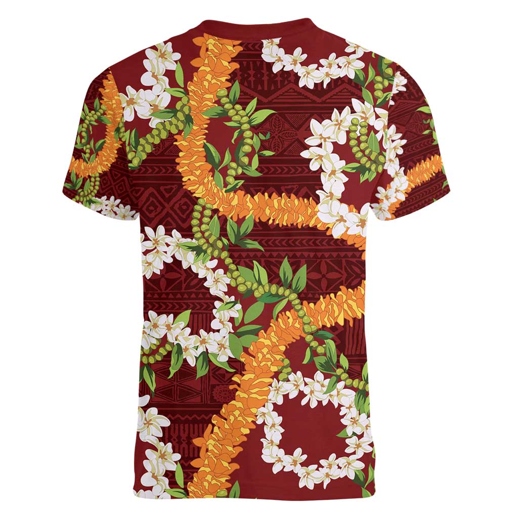 Aloha Festive Hawaii Women V-Neck T-Shirt Mokihana - Maile and Ilima on Crimson LT7 - Polynesian Pride