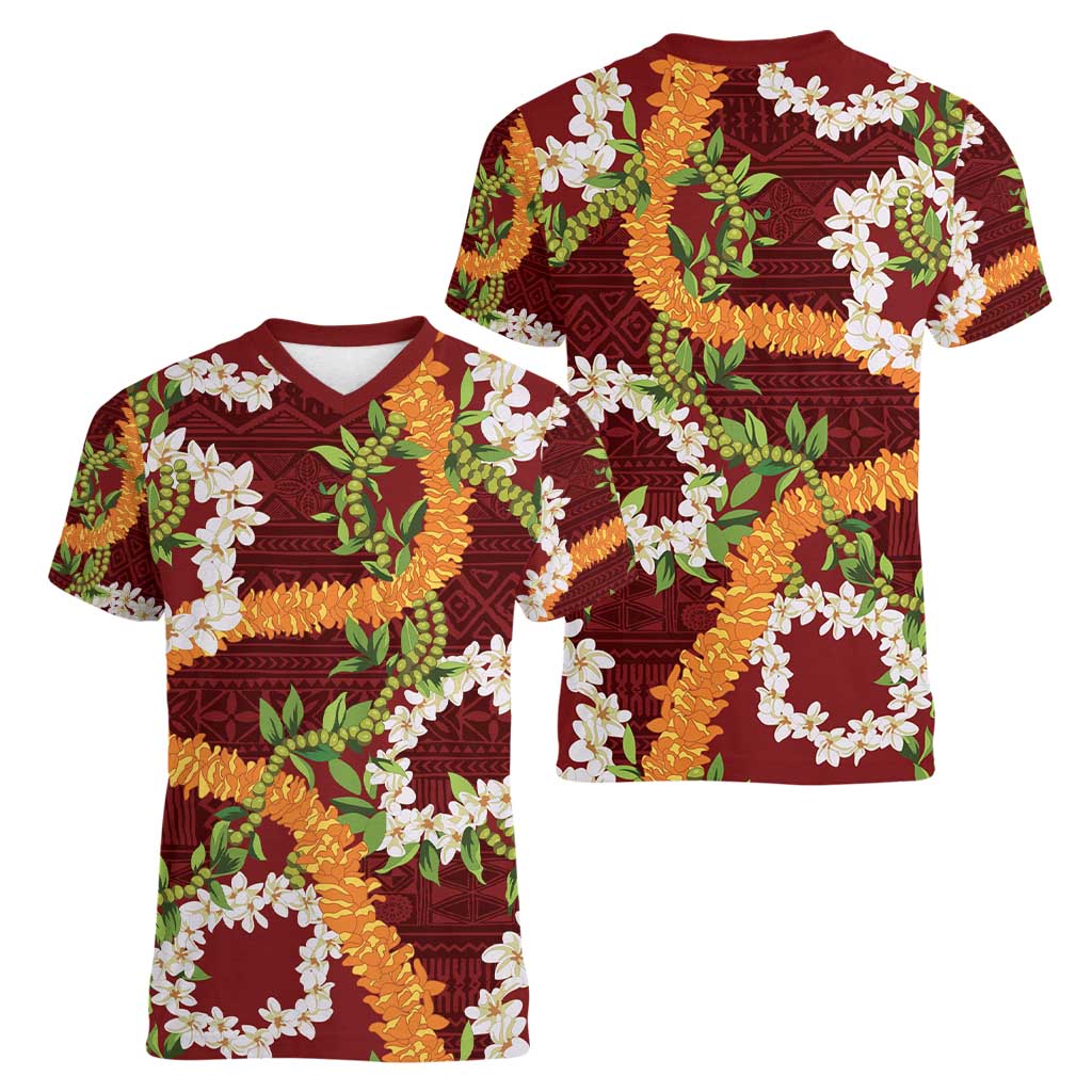 Aloha Festive Hawaii Women V-Neck T-Shirt Mokihana - Maile and Ilima on Crimson LT7 - Polynesian Pride