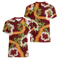 Aloha Festive Hawaii Women V-Neck T-Shirt Mokihana - Maile and Ilima on Crimson LT7 - Polynesian Pride