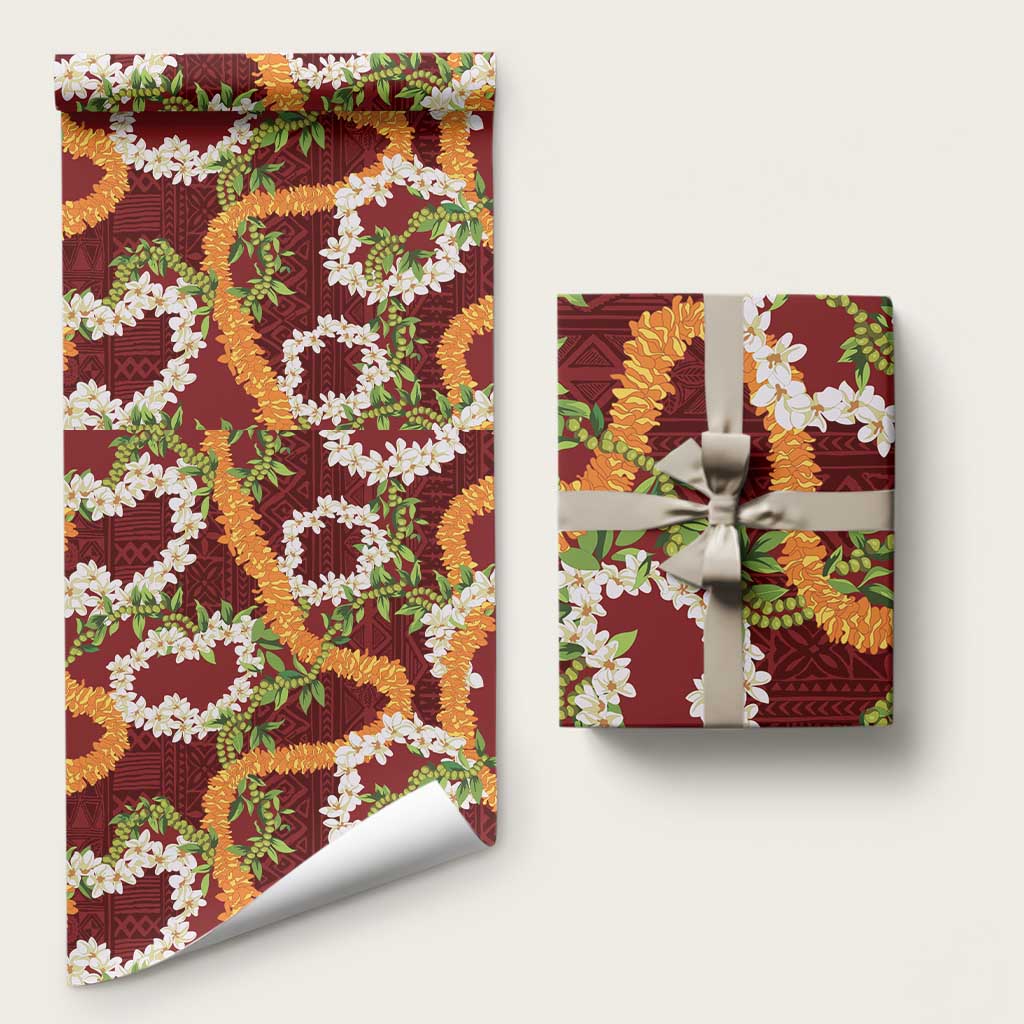 Aloha Festive Hawaii Wrapping Paper Mokihana - Maile and Ilima on Crimson