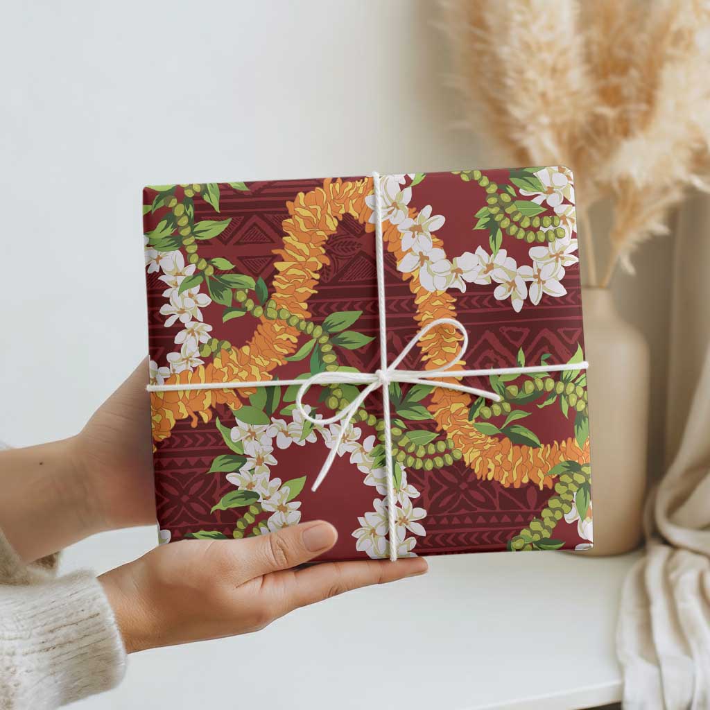 Aloha Festive Hawaii Wrapping Paper Mokihana - Maile and Ilima on Crimson