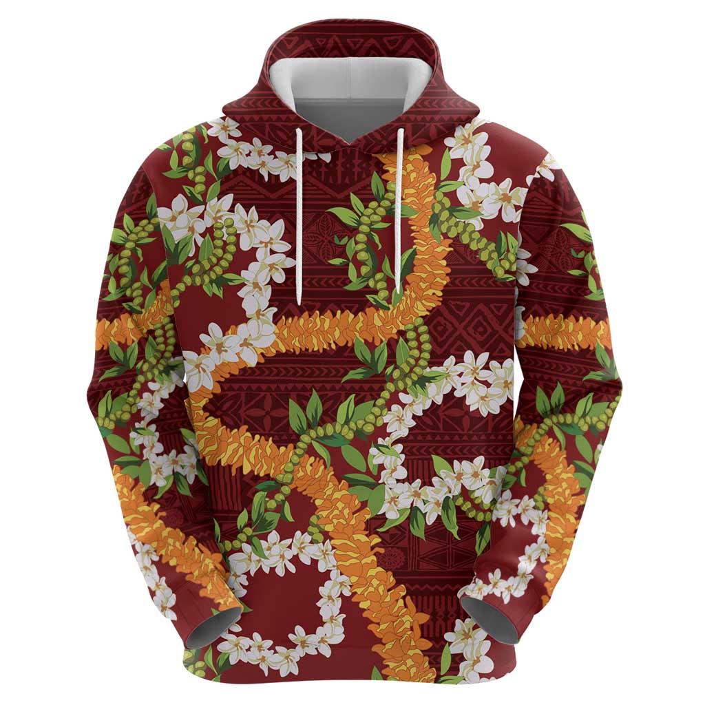 Aloha Festive Hawaii Zip Hoodie Mokihana - Maile and Ilima on Crimson - Polynesian Pride