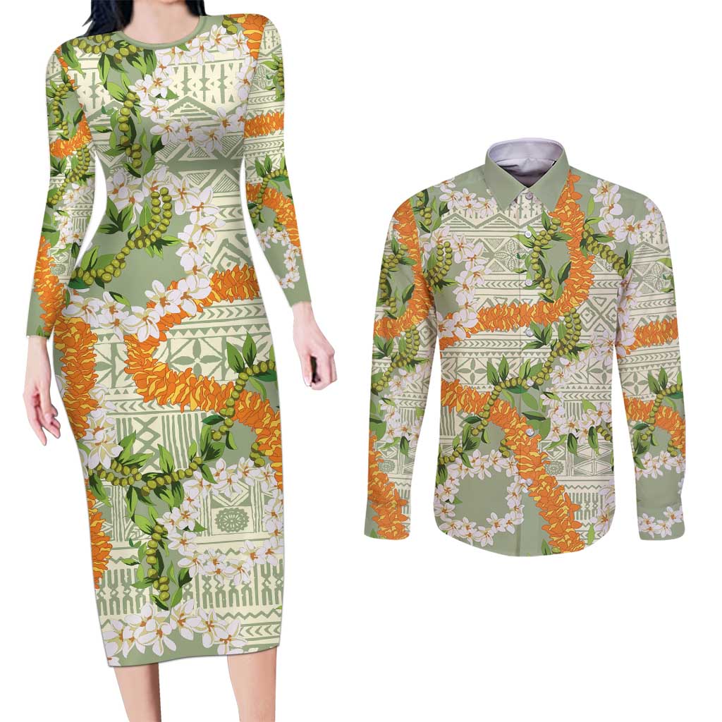 Aloha Festive Hawaii Couples Matching Long Sleeve Bodycon Dress and Long Sleeve Button Shirt Mokihana - Maile Leis in Muted Summer LT7 Sage Green - Polynesian Pride