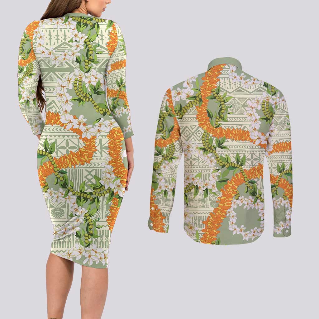 Aloha Festive Hawaii Couples Matching Long Sleeve Bodycon Dress and Long Sleeve Button Shirt Mokihana - Maile Leis in Muted Summer LT7 - Polynesian Pride