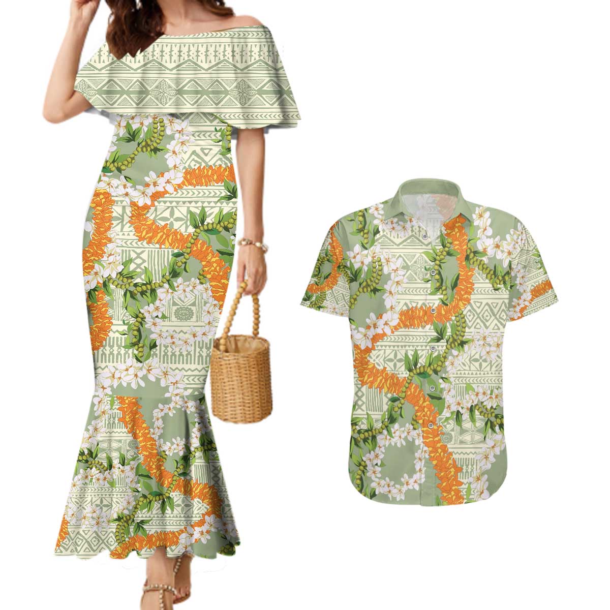 Aloha Festive Hawaii Couples Matching Mermaid Dress and Hawaiian Shirt Mokihana - Maile Leis in Muted Summer - Polynesian Pride