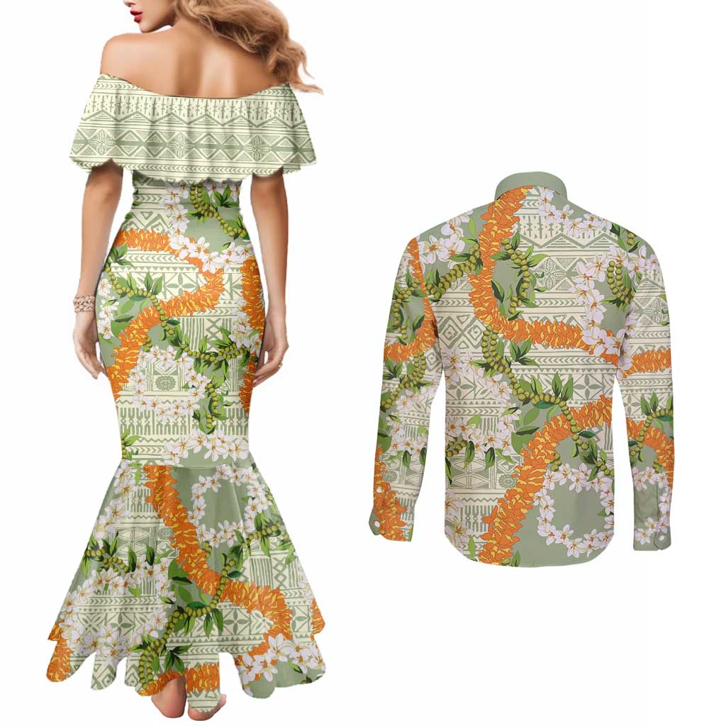 Aloha Festive Hawaii Couples Matching Mermaid Dress and Long Sleeve Button Shirt Mokihana - Maile Leis in Muted Summer LT7 - Polynesian Pride