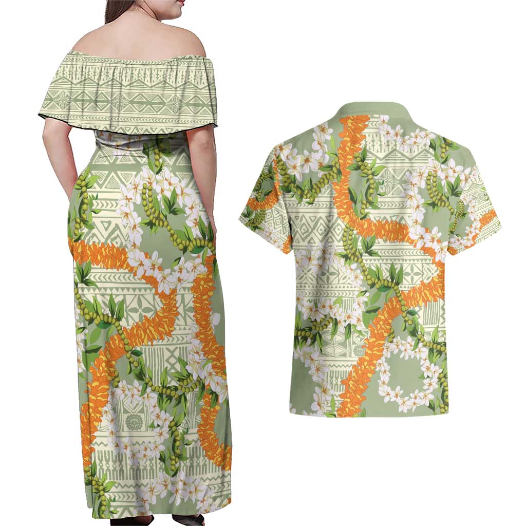 Aloha Festive Hawaii Couples Matching Off Shoulder Maxi Dress and Hawaiian Shirt Mokihana - Maile Leis in Muted Summer LT7 - Polynesian Pride