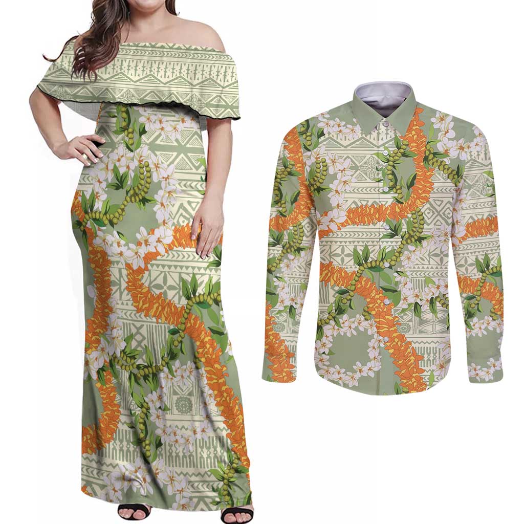 Aloha Festive Hawaii Couples Matching Off Shoulder Maxi Dress and Long Sleeve Button Shirt Mokihana - Maile Leis in Muted Summer LT7 Sage Green - Polynesian Pride