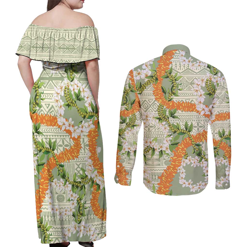 Aloha Festive Hawaii Couples Matching Off Shoulder Maxi Dress and Long Sleeve Button Shirt Mokihana - Maile Leis in Muted Summer LT7 - Polynesian Pride