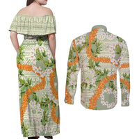 Aloha Festive Hawaii Couples Matching Off Shoulder Maxi Dress and Long Sleeve Button Shirt Mokihana - Maile Leis in Muted Summer LT7 - Polynesian Pride
