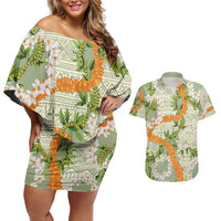 Aloha Festive Hawaii Couples Matching Off Shoulder Short Dress and Hawaiian Shirt Mokihana - Maile Leis in Muted Summer LT7 Sage Green - Polynesian Pride