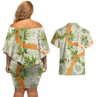 Aloha Festive Hawaii Couples Matching Off Shoulder Short Dress and Hawaiian Shirt Mokihana - Maile Leis in Muted Summer LT7 - Polynesian Pride