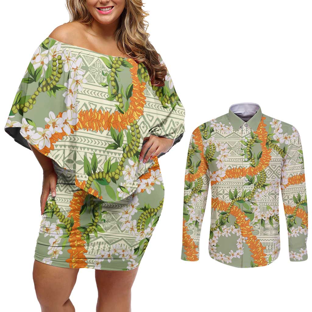 Aloha Festive Hawaii Couples Matching Off Shoulder Short Dress and Long Sleeve Button Shirt Mokihana - Maile Leis in Muted Summer LT7 Sage Green - Polynesian Pride
