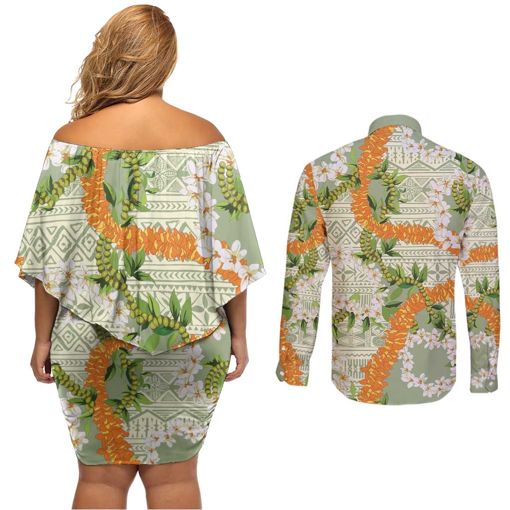 Aloha Festive Hawaii Couples Matching Off Shoulder Short Dress and Long Sleeve Button Shirt Mokihana - Maile Leis in Muted Summer LT7 - Polynesian Pride