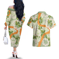 Aloha Festive Hawaii Couples Matching Off The Shoulder Long Sleeve Dress and Hawaiian Shirt Mokihana - Maile Leis in Muted Summer LT7 - Polynesian Pride