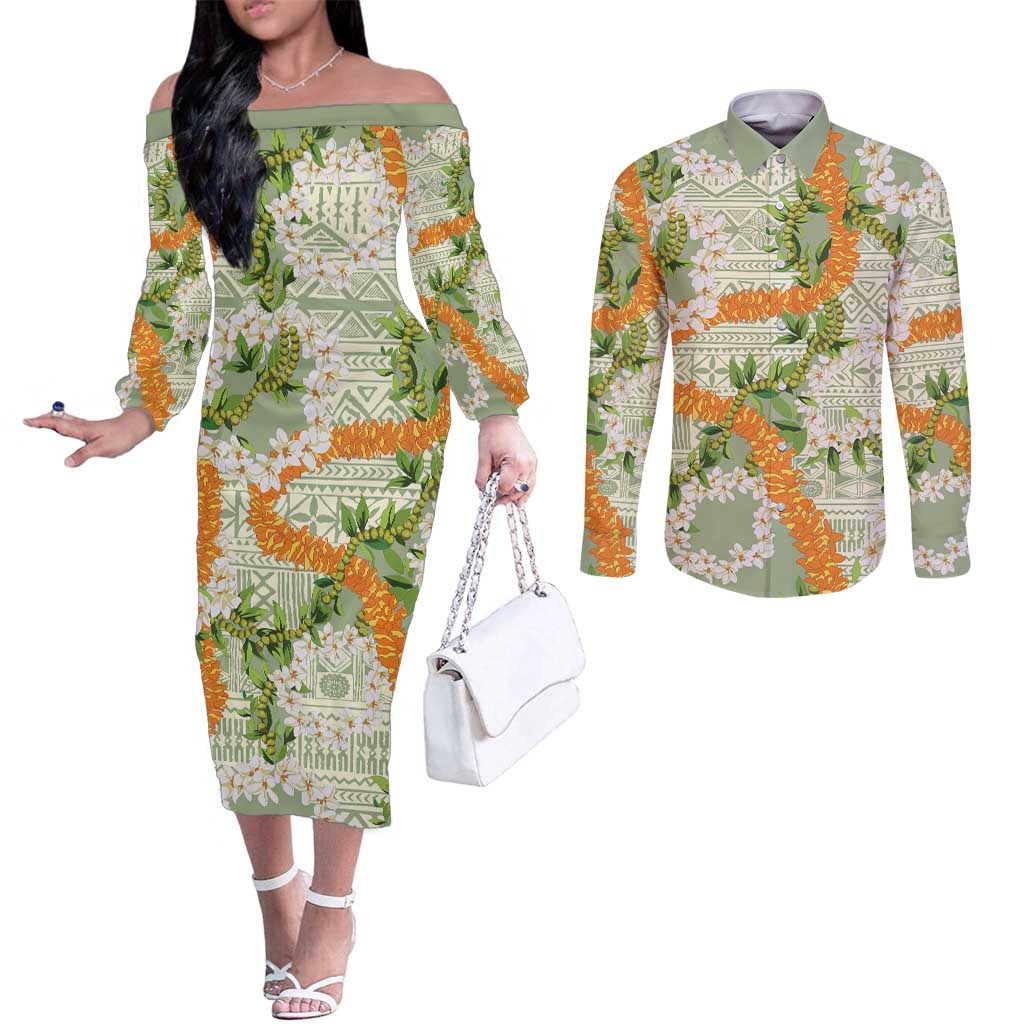 Aloha Festive Hawaii Couples Matching Off The Shoulder Long Sleeve Dress and Long Sleeve Button Shirt Mokihana - Maile Leis in Muted Summer LT7 Sage Green - Polynesian Pride