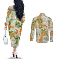 Aloha Festive Hawaii Couples Matching Off The Shoulder Long Sleeve Dress and Long Sleeve Button Shirt Mokihana - Maile Leis in Muted Summer LT7 - Polynesian Pride