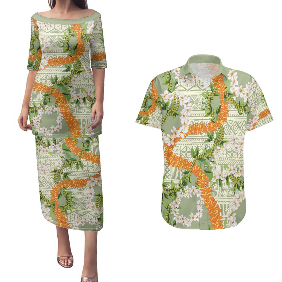 Aloha Festive Hawaii Couples Matching Puletasi and Hawaiian Shirt Mokihana - Maile Leis in Muted Summer LT7 Sage Green - Polynesian Pride