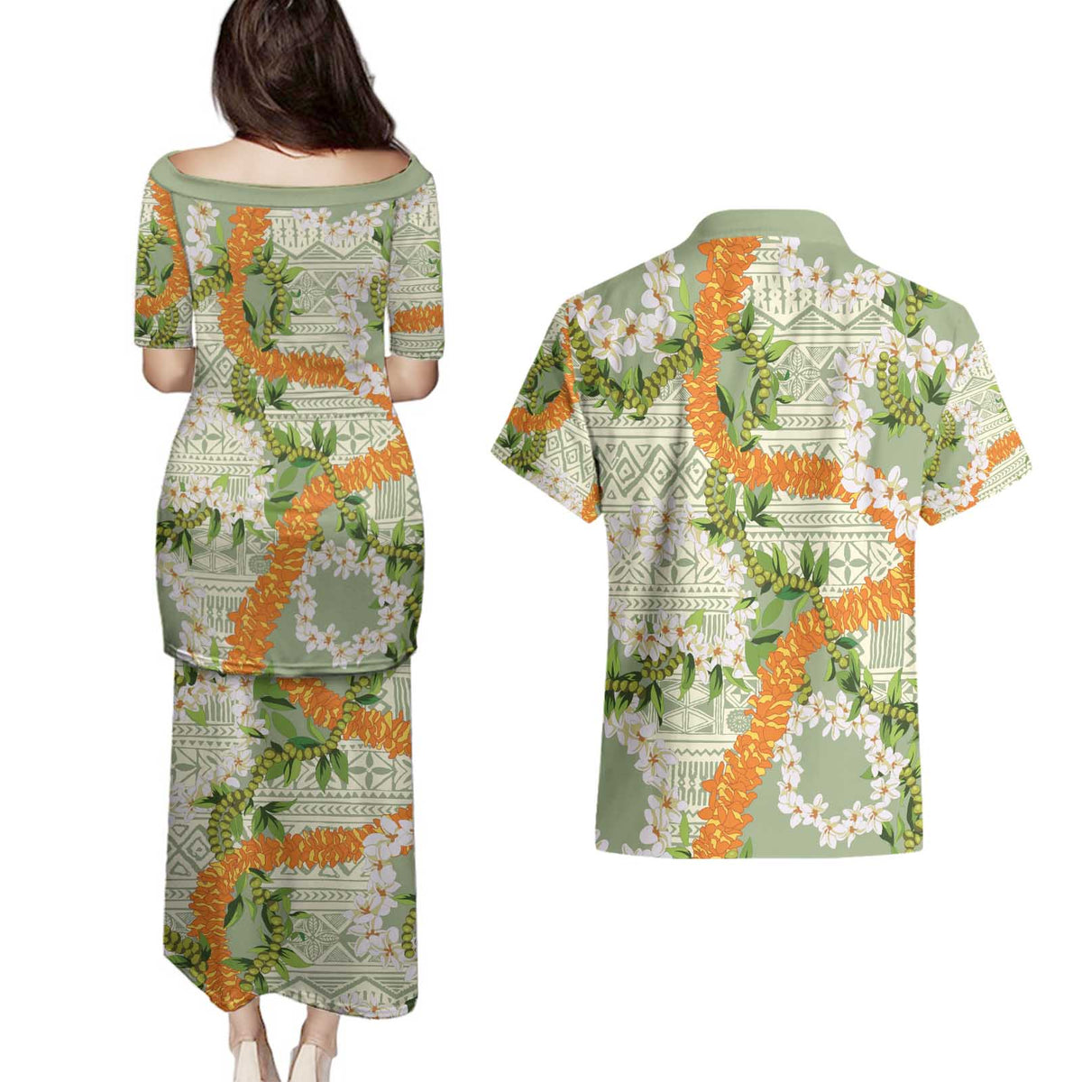 Aloha Festive Hawaii Couples Matching Puletasi and Hawaiian Shirt Mokihana - Maile Leis in Muted Summer LT7 - Polynesian Pride