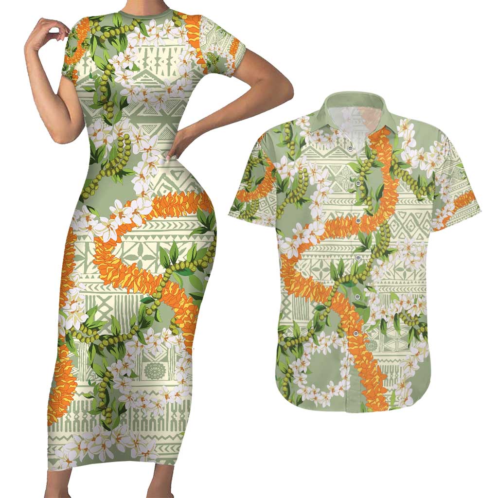Aloha Festive Hawaii Couples Matching Short Sleeve Bodycon Dress and Hawaiian Shirt Mokihana - Maile Leis in Muted Summer LT7 Sage Green - Polynesian Pride