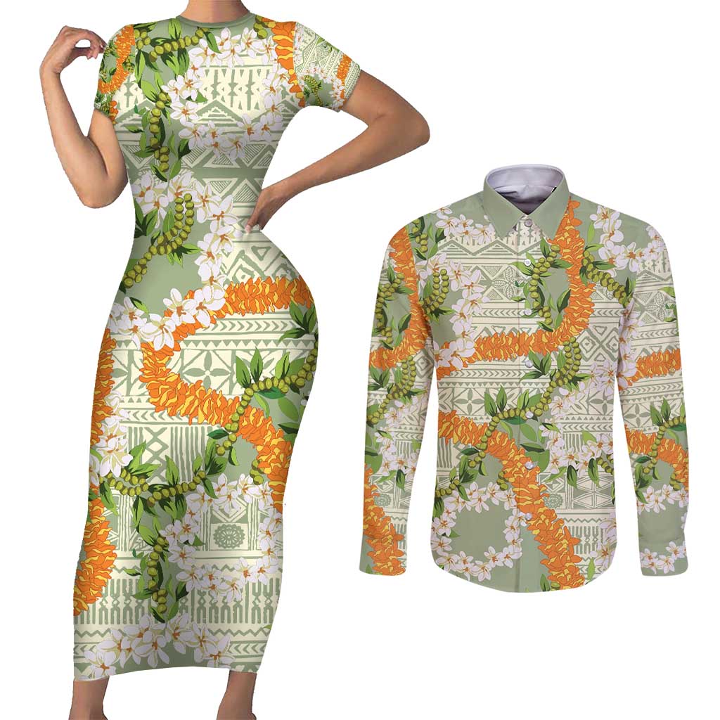 Aloha Festive Hawaii Couples Matching Short Sleeve Bodycon Dress and Long Sleeve Button Shirt Mokihana - Maile Leis in Muted Summer LT7 Sage Green - Polynesian Pride