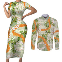 Aloha Festive Hawaii Couples Matching Short Sleeve Bodycon Dress and Long Sleeve Button Shirt Mokihana - Maile Leis in Muted Summer LT7 Sage Green - Polynesian Pride