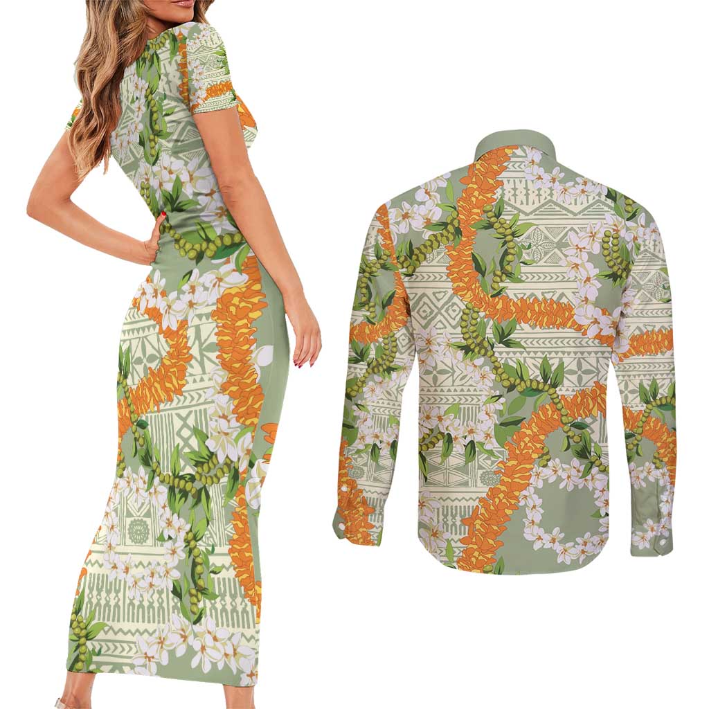 Aloha Festive Hawaii Couples Matching Short Sleeve Bodycon Dress and Long Sleeve Button Shirt Mokihana - Maile Leis in Muted Summer LT7 - Polynesian Pride
