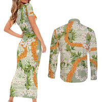 Aloha Festive Hawaii Couples Matching Short Sleeve Bodycon Dress and Long Sleeve Button Shirt Mokihana - Maile Leis in Muted Summer LT7 - Polynesian Pride