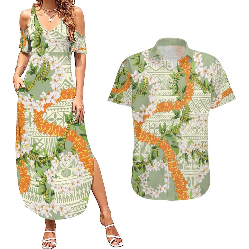 Aloha Festive Hawaii Couples Matching Summer Maxi Dress and Hawaiian Shirt Mokihana - Maile Leis in Muted Summer LT7 Sage Green - Polynesian Pride