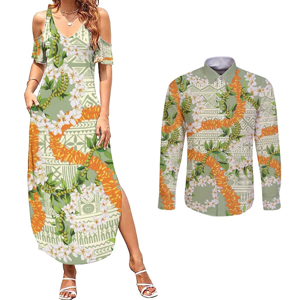 Aloha Festive Hawaii Couples Matching Summer Maxi Dress and Long Sleeve Button Shirt Mokihana - Maile Leis in Muted Summer LT7 Sage Green - Polynesian Pride