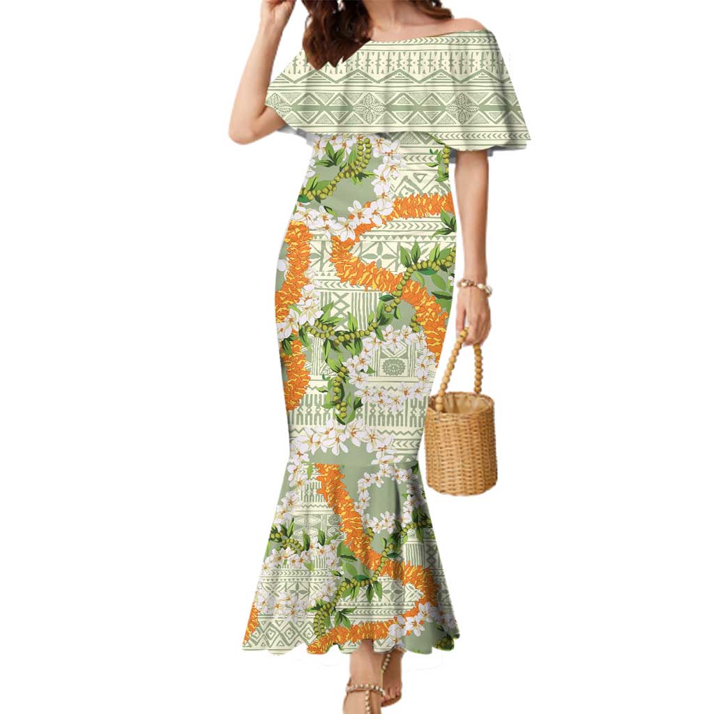 Aloha Festive Hawaii Family Matching Mermaid Dress and Hawaiian Shirt Mokihana - Maile Leis in Muted Summer LT7 Mom's Dress Sage Green - Polynesian Pride