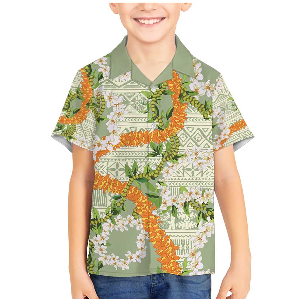 Aloha Festive Hawaii Family Matching Mermaid Dress and Hawaiian Shirt Mokihana - Maile Leis in Muted Summer LT7 Son's Shirt Sage Green - Polynesian Pride